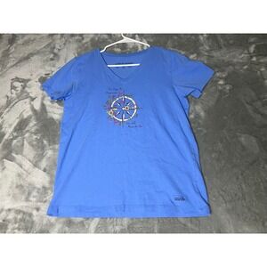 Life Is Good Womens Crusher V Neck T Shirt Compass Floral Print Blue Medium
